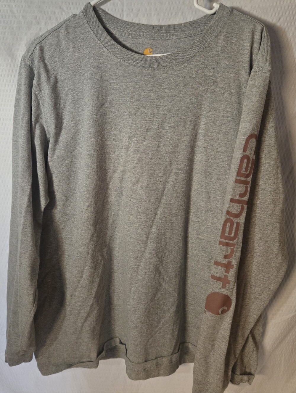 Carhartt Women’s Long-Sleeve Tee in Heather Gray with Brown Sleeve Logo